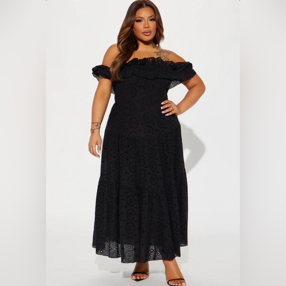 New Fashion Nova Stephanie Tiered Eyelet Black Maxi Dress  3X NWT